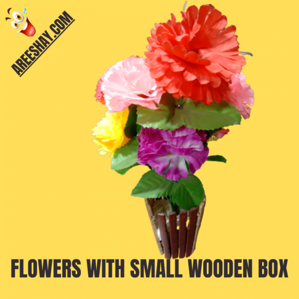 ARTIFICIAL FLOWERS IN A SMALL WOODEN BOX