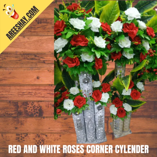 RED AND WHITE ARTIFICIAL FLOWERS CORNER BIG VASE