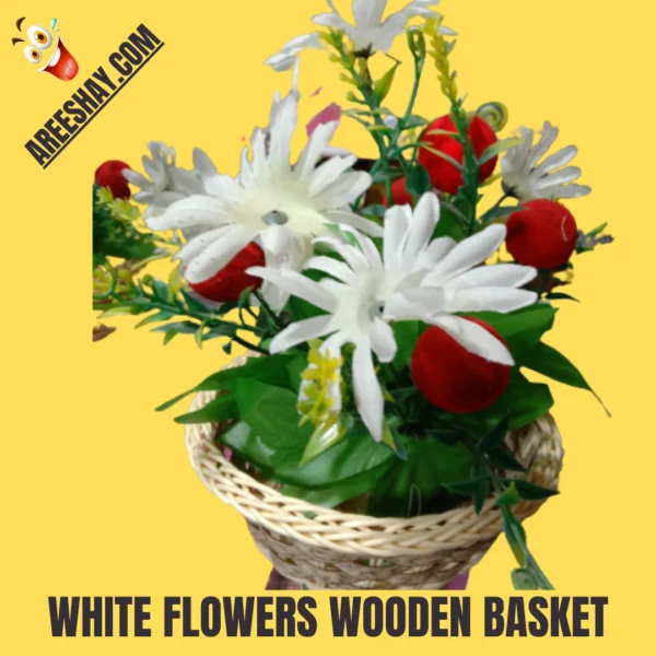 WHITE FLOWERS WOODEN ARTIFICIAL FLOWERS BASKET