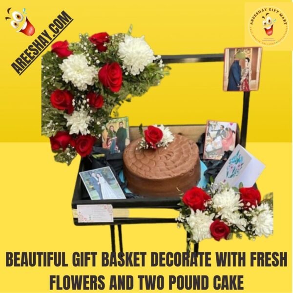 BEAUTIFUL GIFT BASKET DECORATE WITH FRESH FLOWERS AND TWO POUND CAKE