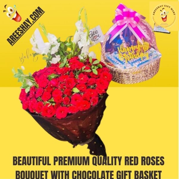 BEAUTIFUL PREMIUM QUALITY RED ROSES BOUQUET WITH CHOCOLATE GIFT BASKET