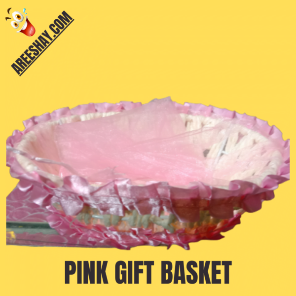 ROUND GIFT BASKET WITH PINK NET