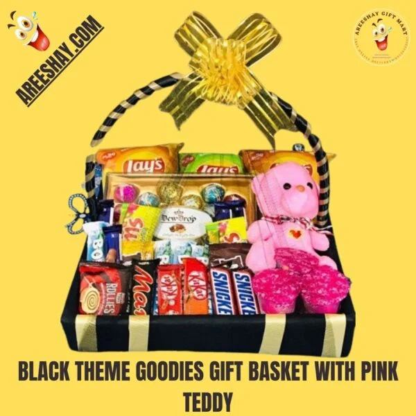 BLACK THEME GOODIES GIFT BASKET WITH PINK TEDDY