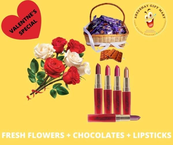 DAIRY MILK FULL BASKET FRESH FLOWERS AND LIPSTICKS COMBO GIFTS