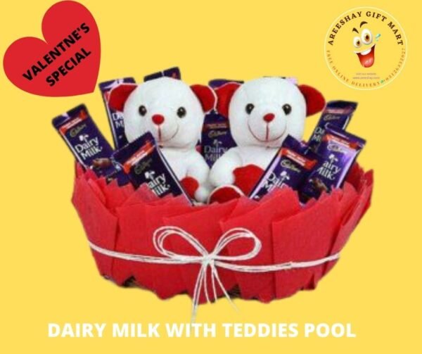 DAIRY MILK WITH TEDDIES POOL RED BASKET | GIFT BASKETS