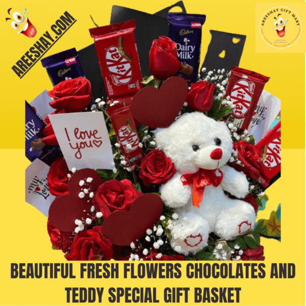 BEAUTIFUL FRESH FLOWERS CHOCOLATES AND TEDDY SPECIAL GGIFT BASEKT