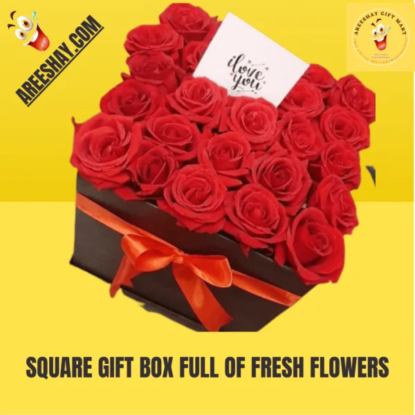 SQUARE GIFT BOX FULL OF FRESH FLOWERS