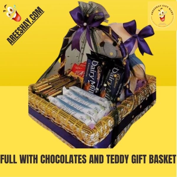 FULL WITH CHOCOLATES AND TEDDY GIFT BASKET