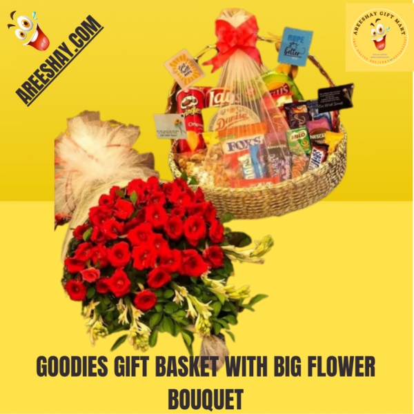 GOODIES GIFT BASKET WITH BIG FLOWER BOUQUET