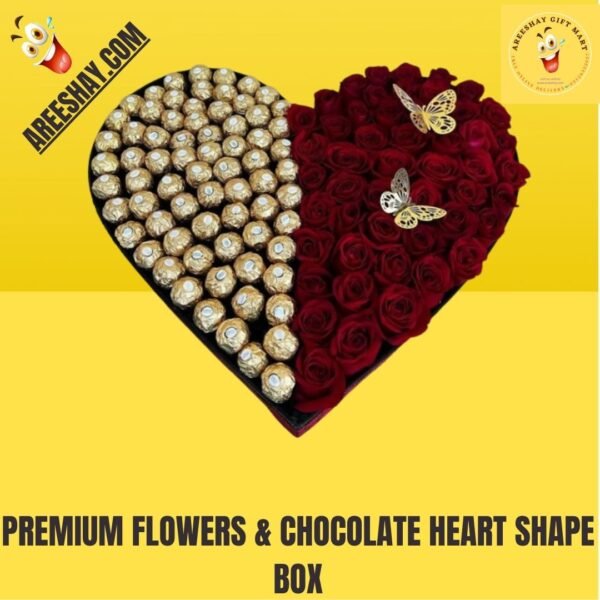 PREMIUM FLOWERS & CHOCOLATE HEART SHAPE BOX