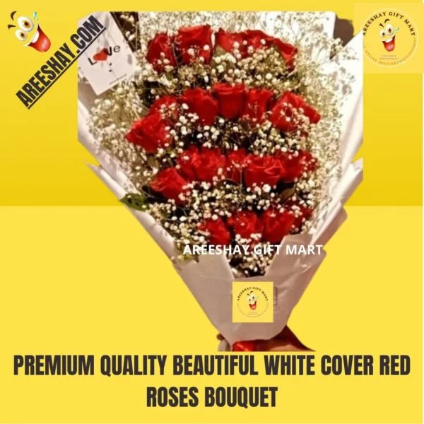 PREMIUM QUALITY BEAUTIFUL WHITE COVER RED ROSES BOUQUET