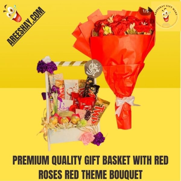 PREMIUM QUALITY GIFT BASKET WITH RED ROSES RED THEME BOUQUET