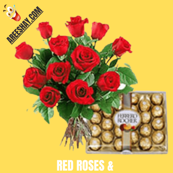 RED ROSES FRESH FLOWERS BOUQUET AND FERRY ROSE CHOCOLATE