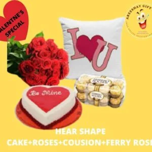 RED ROSES COUSIN HEART SHAPE CAKE AND FERRERO ROCHER COMBO GIFTS