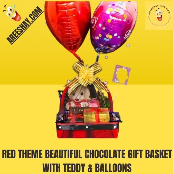 RED THEME BEAUTIFUL CHOCOLATE GIFT BASKET WITH TEDDY & BALLOONS