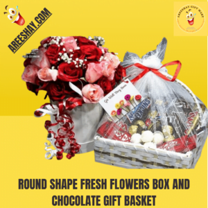 ROUND SHAPE FRESH FLOWERS BOX AND CHOCOLATE GIFT BASKET