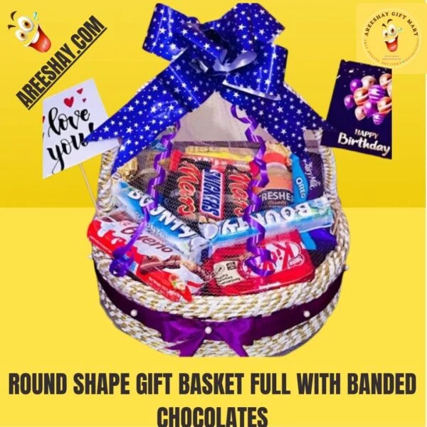 ROUND SHAPE GIFT BASKET FULL WITH BANDED CHOCOLATES