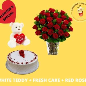 WHITE TEDDY WHITE FRESH CAKE AND TWO DOZEN FRESH FLOWERS COMBO GIFTS