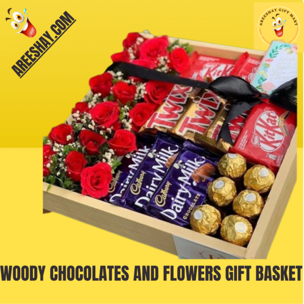 WOODY CHOCOLATES AND FLOWERS GIFT BASKET