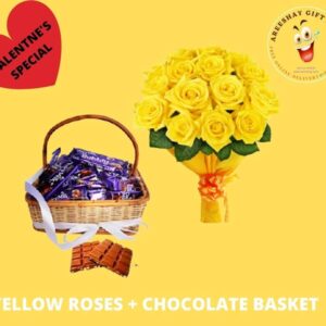 YELLOW ROSES WITH DAIRY MILK ALL CHOCOLATE BASKET