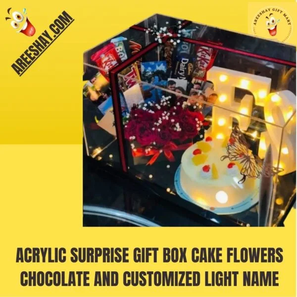 ACRYLIC SURPRISE GIFT BOX CAKE FLOWERS CHOCOLATE AND CUSTOMIZED LIGHT NAME