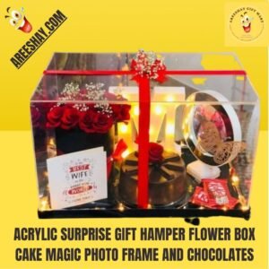 ACRYLIC SURPRISE GIFT HAMPER FLOWER BOX CAKE MAGIC PHOTO FRAME AND CHOCOLATES