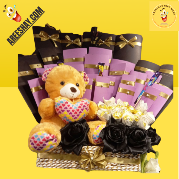 BEAUTIFUL GIFT BASKET WITH FRESH FLOWERS AND TEDDY