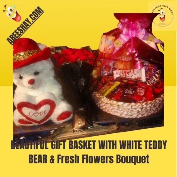 BEAUTIFUL-GIFT-BASKET-WITH-WHITE-TEDDY-BEAR-Fresh-Flowers-Bouquet.