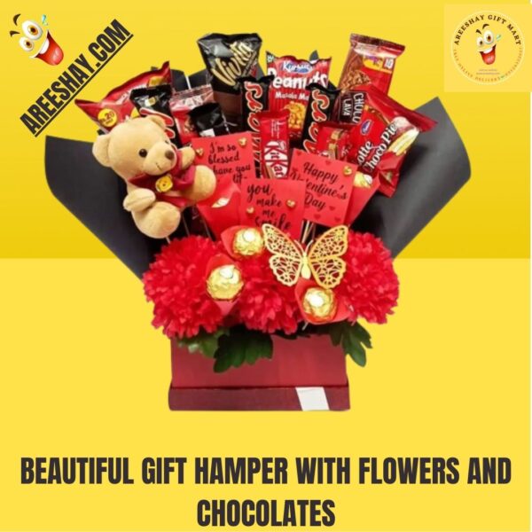 BEAUTIFUL GIFT HAMPER WITH FLOWERS AND CHOCOLATES