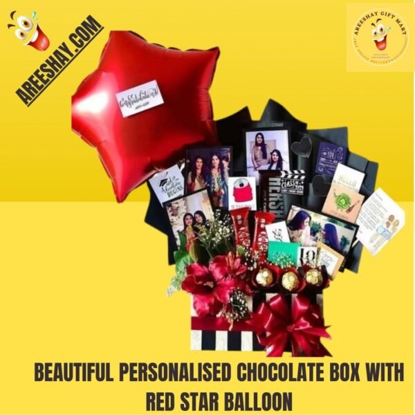 BEAUTIFUL PERSONALISED CHOCOLATE BOX WITH RED STAR BALLOON