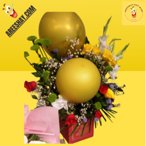 FRESH FLOWERS WITH BALLOONS IN A BOX