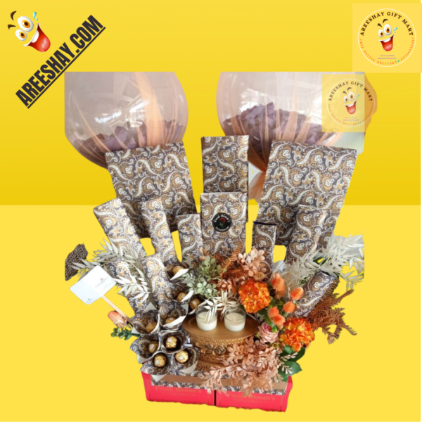 BEAUTIFUL GIFT HAMPER WITH FLOWERS CHOCOLATES AND BOBO BALLOONS