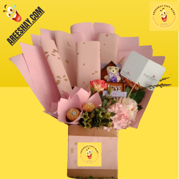 PREMIUM QUALITY PINK THEME FRESH FLOWERS AND CHOCOLATE GIFT HAMPER