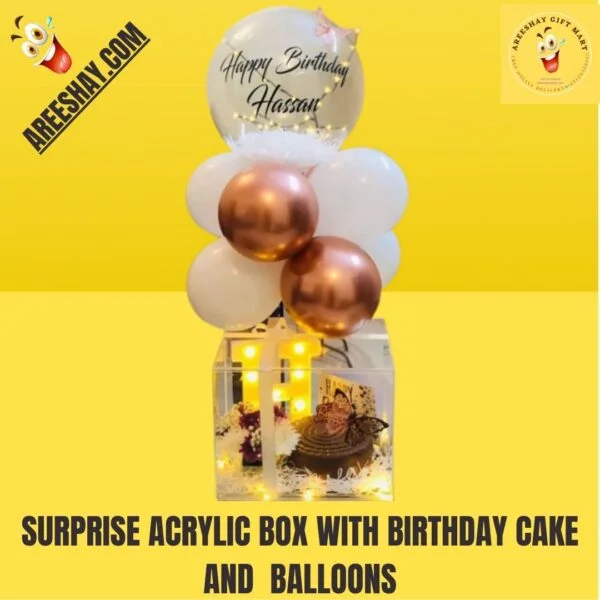 SURPRISE ACRYLIC BOX WITH BIRTHDAY CAKE AND BALLOONS