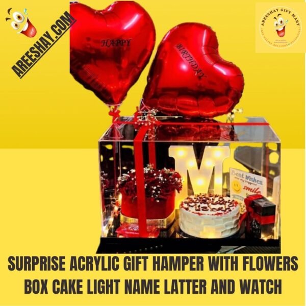 SURPRISE ACRYLIC GIFT HAMPER WITH FLOWERS BOX CAKE LIGHT NAME LATTER AND WATCH