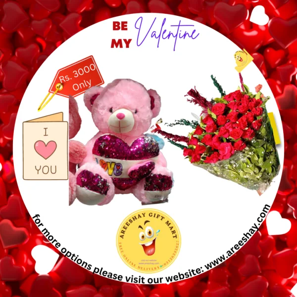 BEUATIUFL PINK TEDDY BEAR WITH FRESH FLOWERS BOUQUET