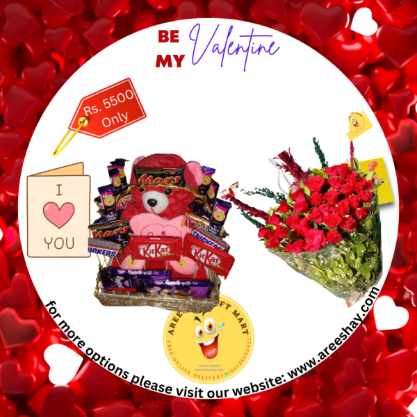 BIG CHOCOLATE GIFT BASKET WITH TEDDY BEAR AND FLOWERS BOUQUET