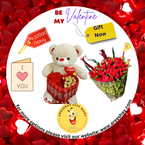 BIG TEDDY BEAR WITH HEAR SHAPE KITKAT AND FLOWERS BOUQUET