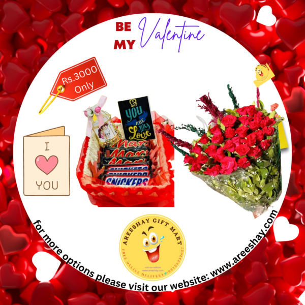 CHOCOLATE GIFT BASKET WITH RED ROSES BOUQUET