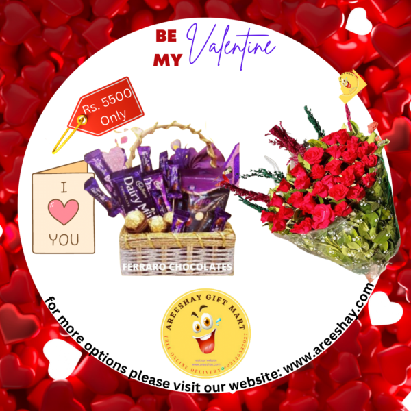 DAIRY MILK CHOCOLATE BASKET WITH RED ROSES BOUQUET