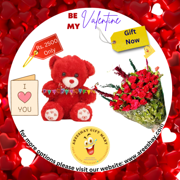 FRESH FLOWERS RED BOUQUET WITH TEDDY BEAR MEDIUM SIZE