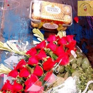 BEAUTIFUL RED ROSE FLOWERS BOUQUET WITH FERRERO ROCHER BOX