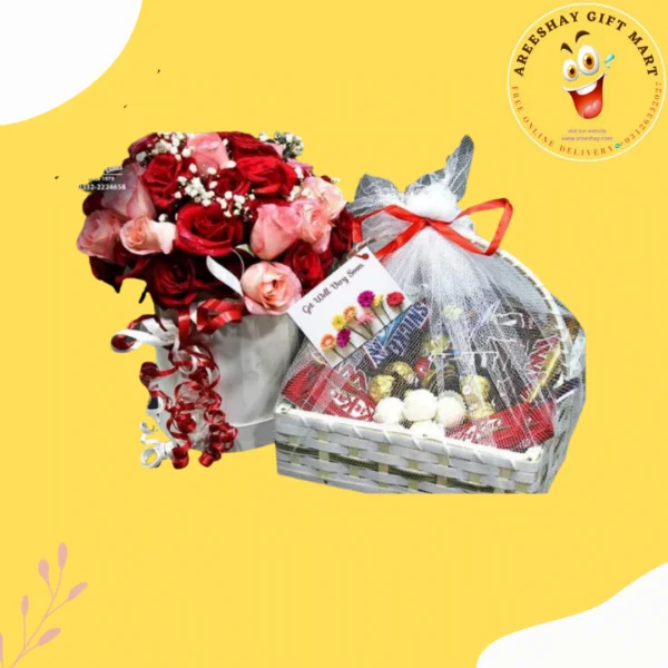 CHOCOLATE GIFT BASKET WITH ROUND SHAPE FLOWERS BOX