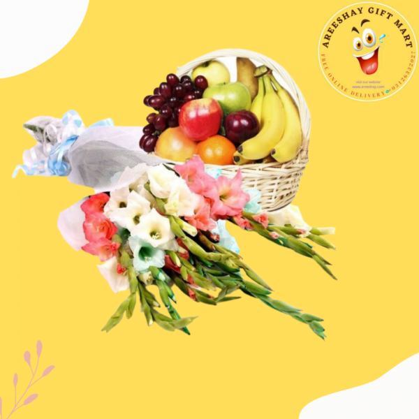 FRUIT GIFT BASKET WITH BEAUTIFUL FLOWERS