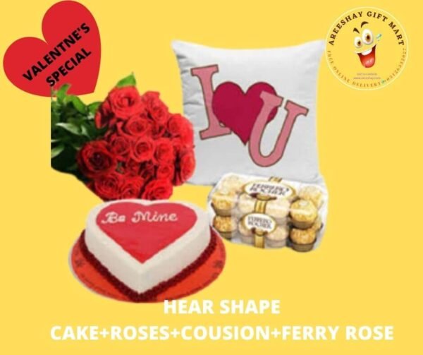 RED ROSES COUSION HEART SHAPE CAKE AND FERRARO ROACHER COMBO GIFTS