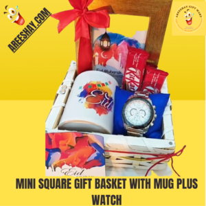 MINI SQUARE GIFT BASKET WITH MUG PLUS WATCH