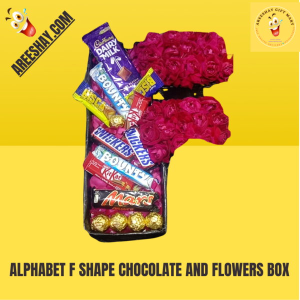 ALPHABET F SHAPE CHOCOLATE AND FLOWERS BOX