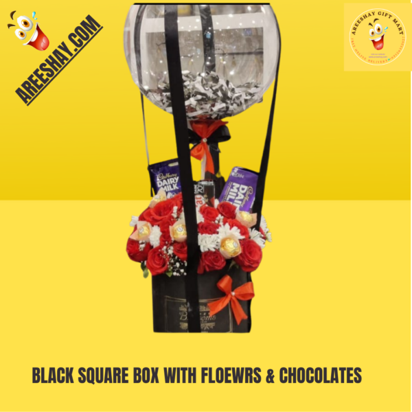 BLACK SQUARE BOX WITH FLOEWRS & CHOCOLATES