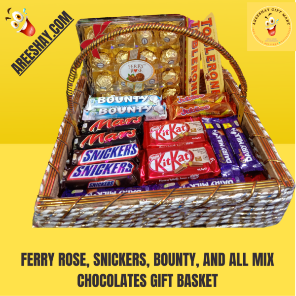 FERRY ROSE, SNICKERS, BOUNTY, AND ALL MIX CHOCOLATES GIFT BASKET