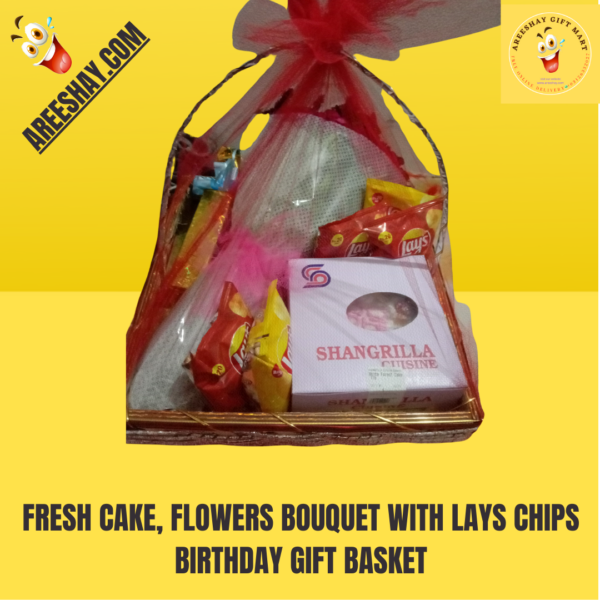 FRESH CAKE, FLOWERS BOUQUET WITH LAYS CHIPS BIRTHDAY GIFT BASKET